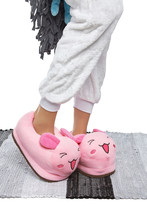 Close-up Shot Of Female Legs In White Velour Trousers And Pink Plush House Slippers Made In The Form Of Kawaii Mouse. The Girl Is Standing On The Striped Gray And White Carpet.