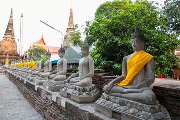  Buddha statues inside Wat Yai Chai Mongkhon, a Buddhist temple of archaeological park, Ayutthaya, Thailand