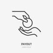 Hand giving money flat line icon. Cash vector illustration. Thin sign of payment, charity, bribe pictogram