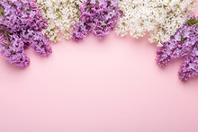 Branches Of Lilac On Pink Background. White And Purple Lilac. Romantic Spring Mood. Top View. Copy For Your Text - Image