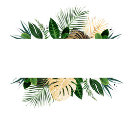 Tropical banner arranged from exotic emerald and golden glitter leaves