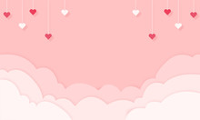Hintergrund In Papierschnitt, Wolken Und Herzen Hängen Von Der Decke. Pink Banner, Freisteller. Valentinstag, Muttertag