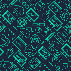 Internet technology and programming seamless background with linear icons set. Html, php and code seamless pattern with vector line style icons on black.