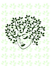 vector illustration, abstract portrait of a woman stylized under a tree