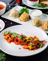 Poster - Assorted Uzbek food set, pilaf, samsa, lagman, manta and Korean carrots, set of uzbek food