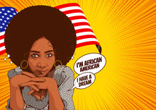 Pictures Of Beautiful African American Women Staring With Sexy Eyes And Smiling At You, Comic Book Style Stock Images, Cover Template On Yellow Background, Speech Bubbles, Doodle Art, Vector Illustrat