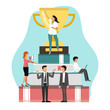 © Vectorwonderland - Winner and big golden cup standing on stack of books vector illustration. Graduate victory in knowledge competition.