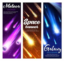 Space Meteor Shower With Comets, Stars And Asteroids Falling In Night Sky. Vector Starry Galaxy And Universe Planet Banners With Shooting Fireballs, Meteorite With Bright Speed Trails, Sparkles