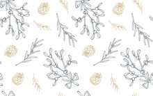 Hand Drawn Seamless Pattern With Pine Cones And Branches. Vector