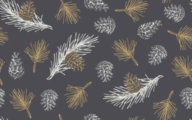 Wall Mural - hand drawn seamless pattern with pine cones and branches. vector