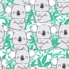 Koala and leaves pattern seamless. illustration. Fabric design.