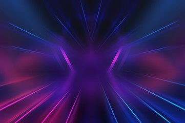 Poster - Empty background scene. Dark street reflection on wet asphalt. Rays of neon light in the dark, neon shapes, smoke. Background of an empty stage show. Abstract dark background.