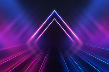 Fototapete - Empty background scene. Dark street reflection on wet asphalt. Rays of neon light in the dark, neon shapes, smoke. Background of an empty stage show. Abstract dark background.