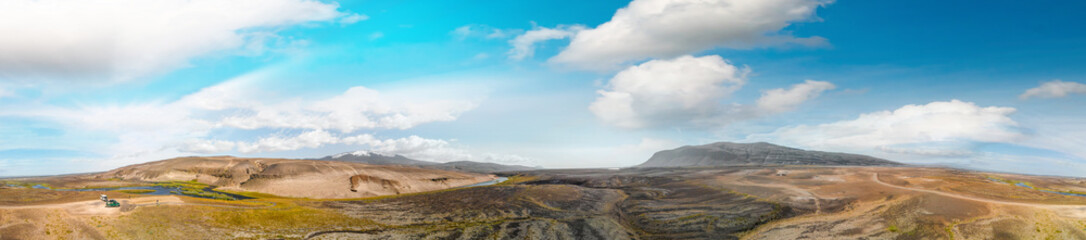 Wall Mural - Amazing landscape of Landmannalaugar magnificent highlands in summer season, panoramic aerial view from drone, Iceland