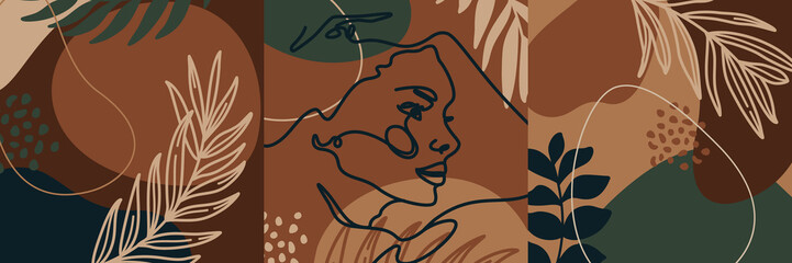 Wall Mural - set backgrounds with palm leaves and woman's portrait in a minimal trendy style templates for social