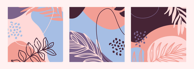 Wall Mural - set of abstract print outline of the plants and geometric shapes in a minimal trendy style templates
