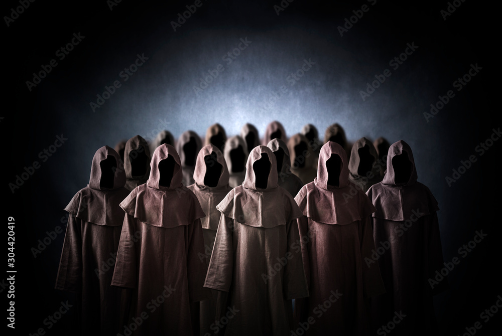 Group of scary figures in hooded cloaks - obrazy, fototapety, plakaty 