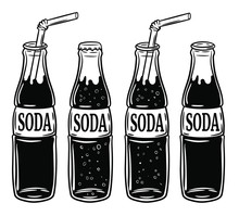 Set Of The Different Bottles With Soda, Vector Hand Drawn Illustration