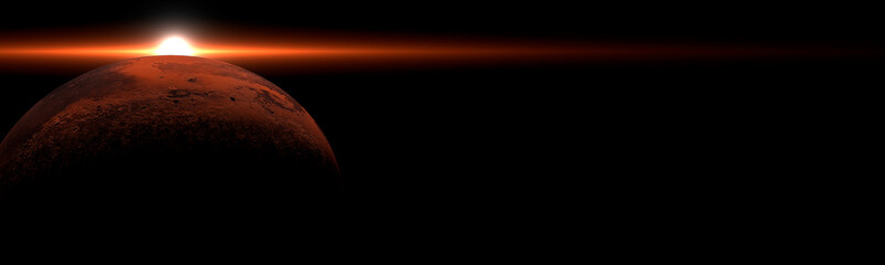 Wall Mural - sunrise over the planet mars in space with strong flare and shadows panoramic