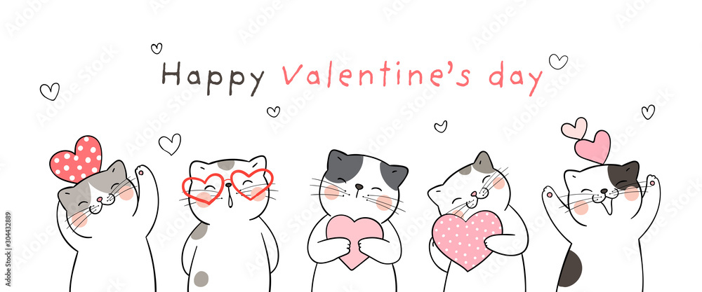 Draw banner cute cat for Valentine's day. - obrazy, fototapety, plakaty 