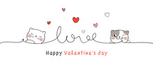 Draw Banner Cat With Line Little Heart For Valentine's Day.
