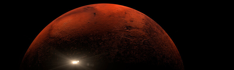 Wall Mural - small satellite travelling across the surface of mars with strong shadows on the surface panoramic