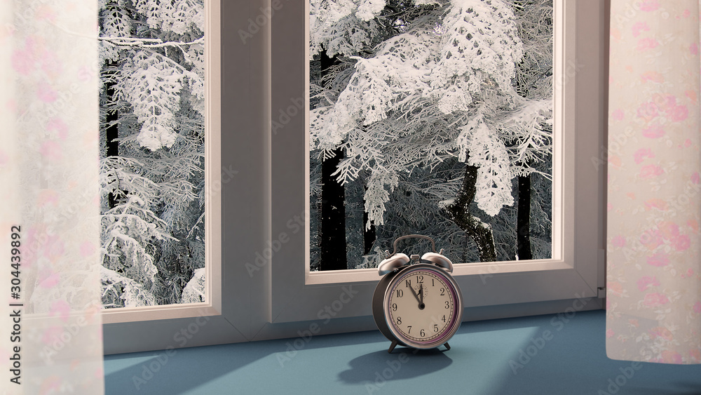 widok z okna na zimowy krajobraz zegar symbolizuje zblizający się koniec roku - obrazy, fototapety, plakaty 