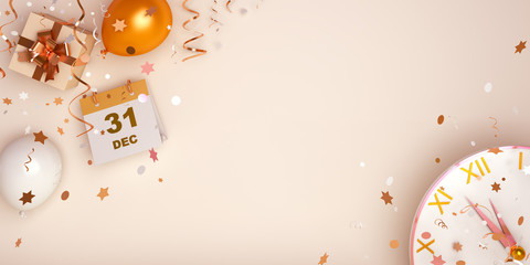 Wall Mural - Happy New Year eve design creative concept, December 31 calendar, gift box, gold and white balloon, clock and glittering confetti on gradient background. Copy space text area, 3D  illustration.