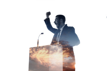 Wall Mural - Inspiring. Speaker, coach or chairman during politician speech isolated on white background. Double exposure - truth and lies. Business training, speaking, promises, economical and financial relations