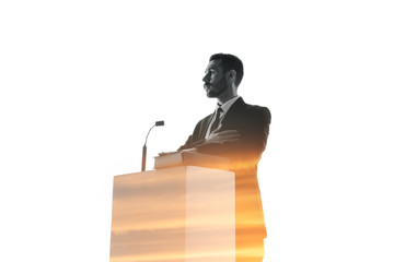 Wall Mural - Promise. Speaker, coach or chairman during politician speech isolated on white background. Double exposure - truth and lies. Business training, speaking, promises, economical and financial relations.