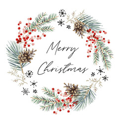 Wall Mural - winter wreath with text merry christmas, white background. green pine, fir twigs, cones, red berries