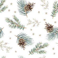 Christmas Seamless Pattern, Cones, Green Pine, Fir Twigs, Stars, White Background. Vector Illustration. Nature Design. Season Greeting. Winter Forest. Xmas Holidays