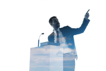 Wall Mural - Look. Speaker, coach or chairman during politician speech isolated on white background. Double exposure - truth and lies. Business training, speaking, promises, economical and financial relations.