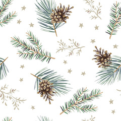 Wall Mural - christmas seamless pattern, cones, green pine, fir twigs, stars, white background. vector illustrati