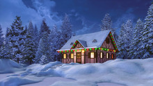 Dreamlike Winter Scenery With Snowbound Half-timbered Rural House Decorated By Christmas Lights Among Snow Covered Pine Forest At Night. 3D Illustration For Xmas Or New Year Holidays.