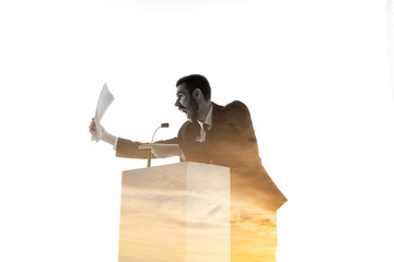 Wall Mural - False. Speaker, coach or chairman during politician speech isolated on white background. Double exposure - truth and lies. Business training, speaking, promises, economical and financial relations.