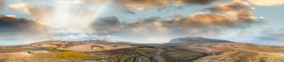 Wall Mural - Amazing landscape of Landmannalaugar magnificent highlands in summer season, panoramic aerial view from drone, Iceland