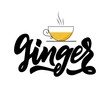 Ginger type of tea with cup. Hand calligraphy lettering. Vector illustration.