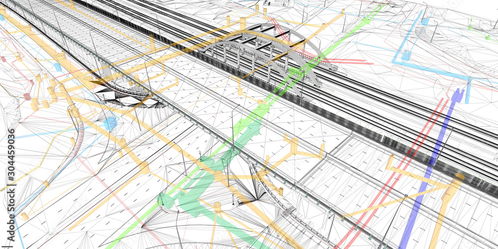 The BIM model of the object of transport infrastructure of wireframe view - obrazy, fototapety, plakaty 