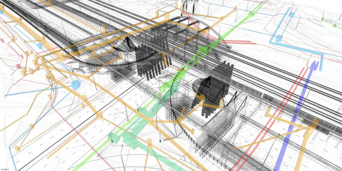 Wall Mural - the bim model of the object of transport infrastructure of wireframe view