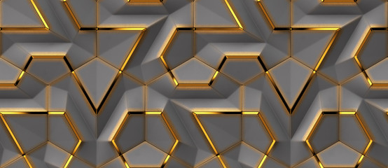 Wall Mural - 3D grey panels with gold decor patination elements. Shaded and glossy geometric modules. High quality seamless design texture