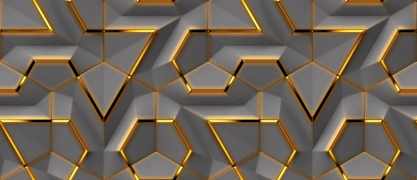 Wall Mural -  - 3D grey panels with gold decor patination elements. Shaded and glossy geometric modules. High quality seamless design texture