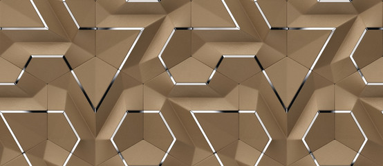 Wall Mural - 3D brown leather panels with silver decor elements. Glossy and matt geometric modules. High quality seamless design texture.