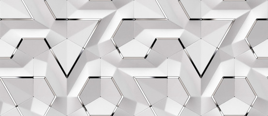 Wall Mural - 3D wallpaper of white leather panels with silver decor elements. Shaded and matt geometric modules. High quality seamless design texture.