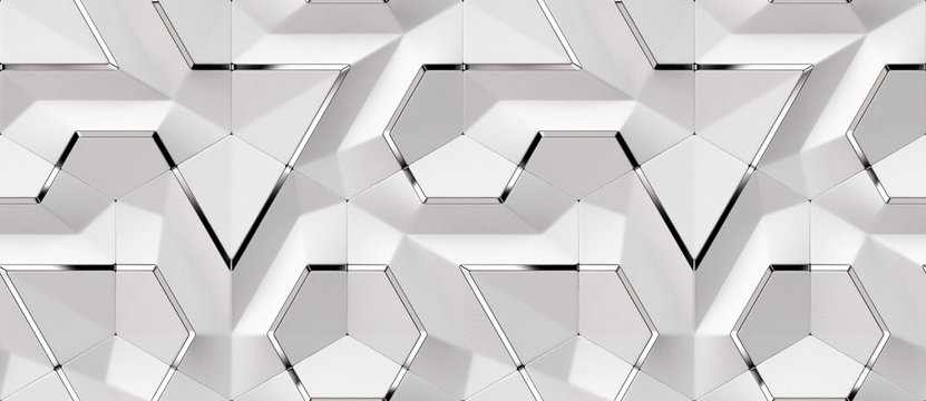 Wall Mural -  - 3D wallpaper of white leather panels with silver decor elements. Shaded and matt geometric modules. High quality seamless design texture.