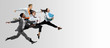 © master1305 - Happy office workers jumping and dancing in casual clothes or suit with folders on white. Ballet dancers. Business, start-up, working open-space, motion and action concept. Creative collage. Copyspace