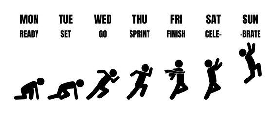 Weekly working life cycle evolution from Monday to Sunday in black stick figure running steps from starting point to finishing line on white background