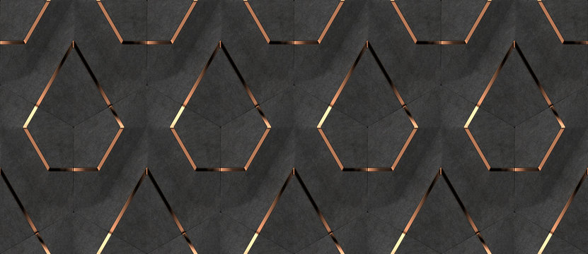 Wall Mural -  - Black textile panels with golden decor elements. High quality seamless design texture.