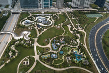 Aerial Drone Image Of Chicago's Maggie Daley Park Showing Winding Paths