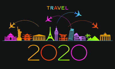 2020 travel and tourism background. Colorful template with icons and tourism landmarks. Creative happy new year 2020 design. New Year background.  File is saved in 10 EPS version.